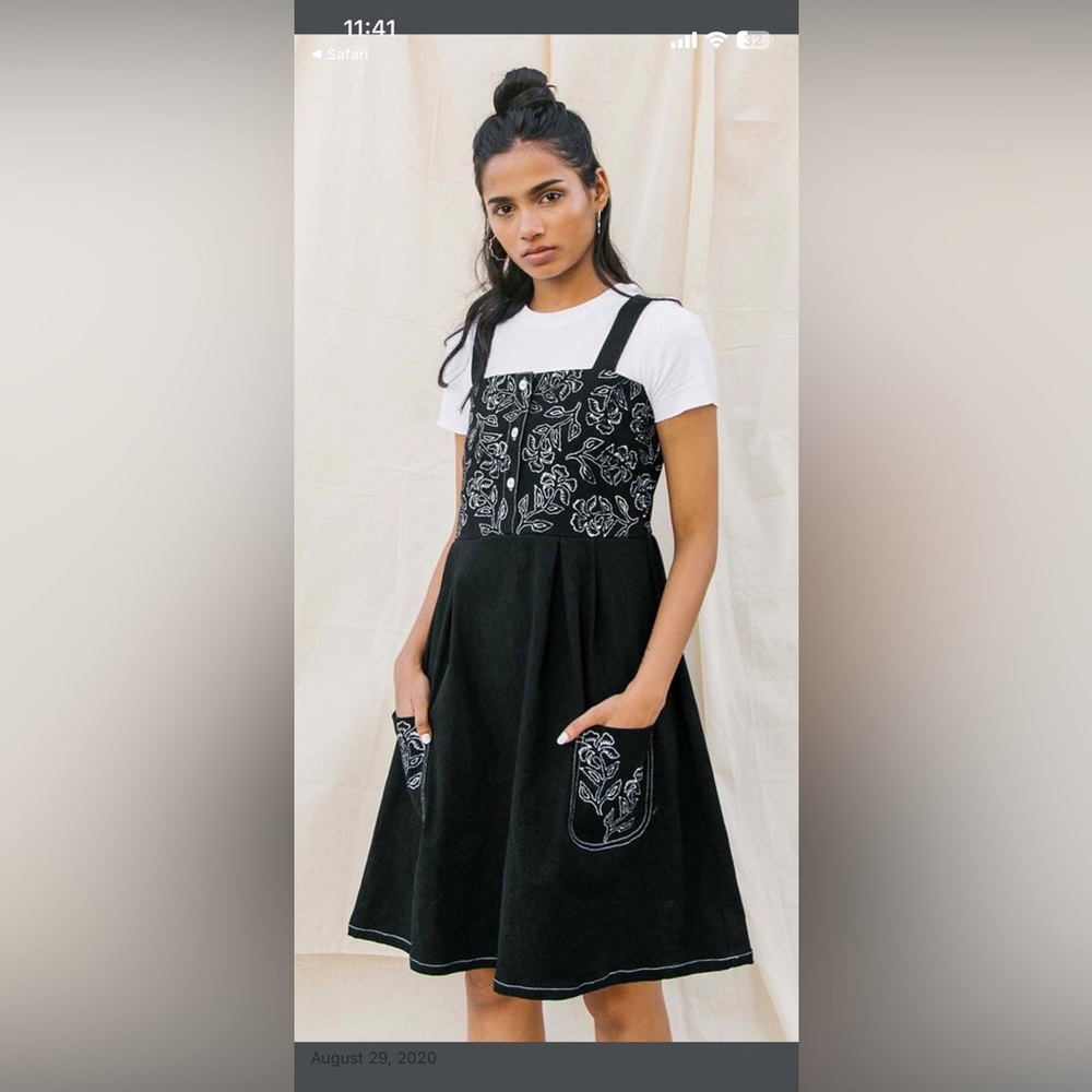 S Denim Floral Blockprint Pinafore Dress